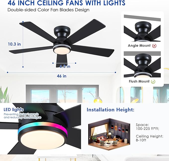 Black RGB Ceiling Fans with Lights - 46" Flush Mount Ceiling Fan with Remote APP, RGB+3CCT Dimmable Led Light, Reversible 6 Wind Speeds&2H Timer, Low Profile Modern Fan Light Fixture for Bedroom Party