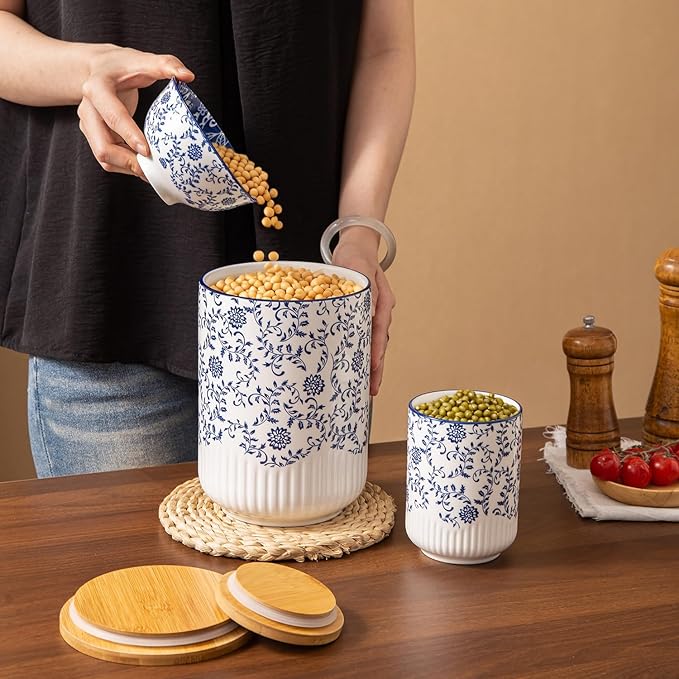 Canisters Sets for the Kitchen - 2 Pcs 74/18 oz Ceramic Kitchen Containers for Countertop with Airtight Wood Lids - Flour and Sugar Containers for Coffee Tea Spice Beans Cookie Jars - Blue