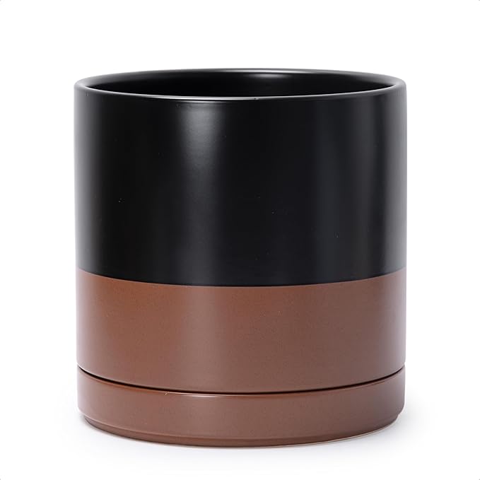 D'vine Dev 10 Inch Ceramic Planter Pot, Black/Tan, 94-O-E-7 | Modern Cylinder Design, Drainage Hole & Saucer Included, Stable Structure, Elegant Home Accent