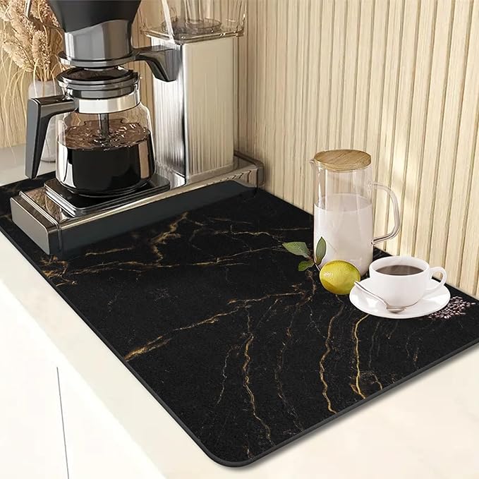 Arttown Coffee Mat for Countertops, Marble Black Gold Dish Drying Mat 2 Pcs for Kitchen Bar Accessories, Fit Under Coffee Maker Espresso Machine Dish Rack Hide Stain Rubber Backed 12x19in
