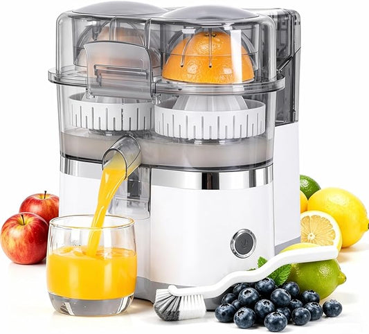 Dual-Head Automatic Citrus Juicer, Electric Citrus Juicer Orange Squeezer with 1-Button Operation, Fast Juicing Machine for Fresh Orange Lemon Lime Juice, Easy to Clean for Daily Kitchen Use (White)