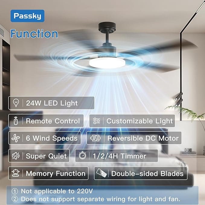 Passky Ceiling Fans with Lights, 60 inch Sleek Ceiling Fan with Light and Remote Control, 3CCT, Dimmable, Reversible, Noiseless, Black Ceiling Fan for Bedroom, Living Room