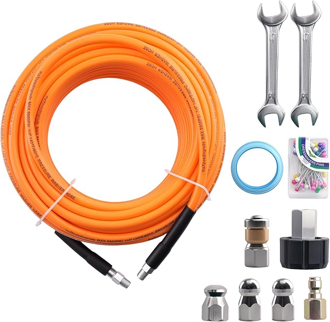 maXpeedingrods Sewer Jetter Kit for Pressure Washer 100FT, 5800PSI Drain Cleaner Hose 1/4 Inch NPT Corner, Rotating and Button Nose Sewer Jetting Nozzles with Spanner Waterproof Tape Pearl Corsage Pin