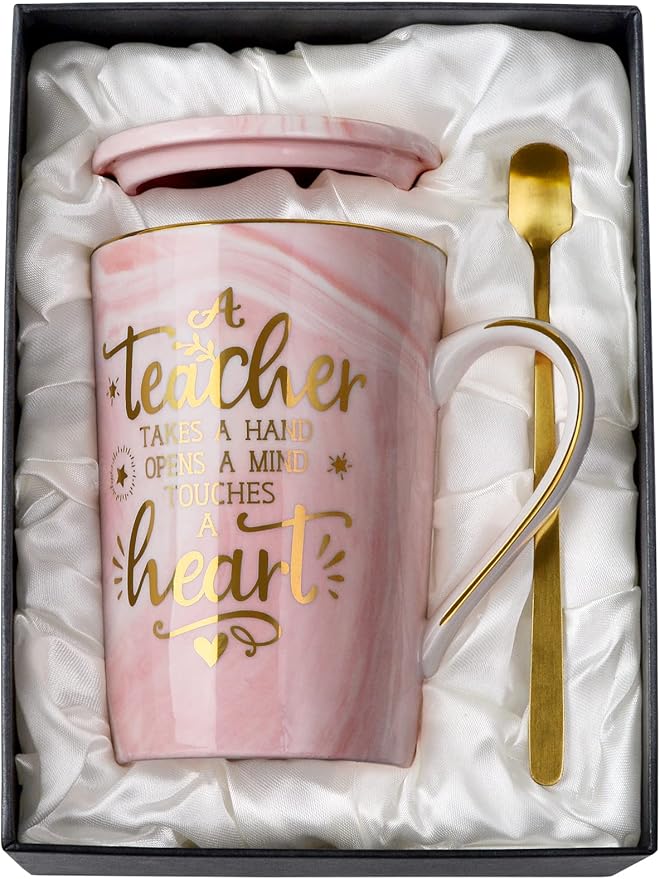 Unique Teacher Appreciation Gifts for Women - Best Teachers Mug for Teachers from Student, 14Oz Pink Marble Ceramic Gold Print Teacher Cup, End of Year Birthday Retirement Graduation, Nice Gift Boxed