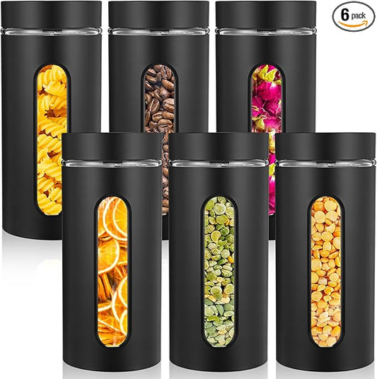 Patelai 6 Pack Kitchen Canisters Set Airtight Stainless Steel Canister Food Storage Container with Window Glass, Coffee Sugar Candy Jars Tea Organizer for Flour Cookies Spice(Black,44 oz)