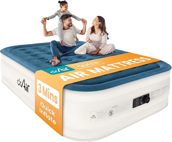 Dr. air Queen Air Mattress with Built-in Pump, 18" Raised Blow Up Mattress, 800 lbs Max Honeycomb Air Bed, 48Hr Leak-Proof Test, 3min Inflatable Mattress for Home, Guests, Camping, Colchones inflables