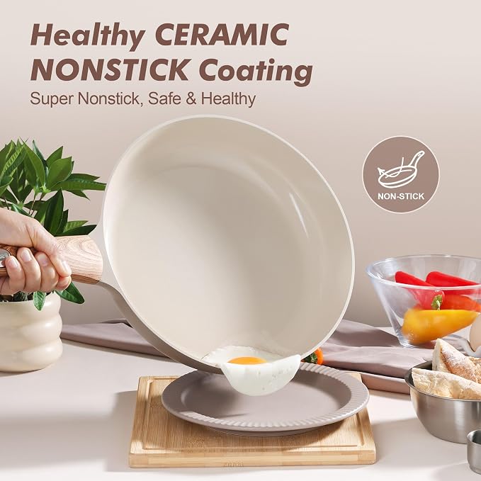 SENSARTE 8inch Ceramic Nonstick Frying Pan Skillet with Lid, Taupe | Non Stick Omelet Pans, Non-toxic Healthy Kitchen Cooking Chefs Pan, PFOA/PFAS/PTFE Free, Induction Compatible