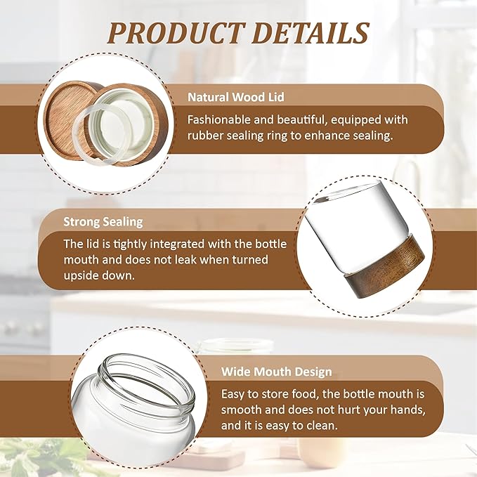 3 Pack 28 fl oz/850 ml Clear Glass Storage Canister with Airtight Wooden Screw On Lid, Medium Decorative Glass Container Jar Set for Coffee, Candy, Cookie, Condiment, Pepper, Sugar, Oatmeal