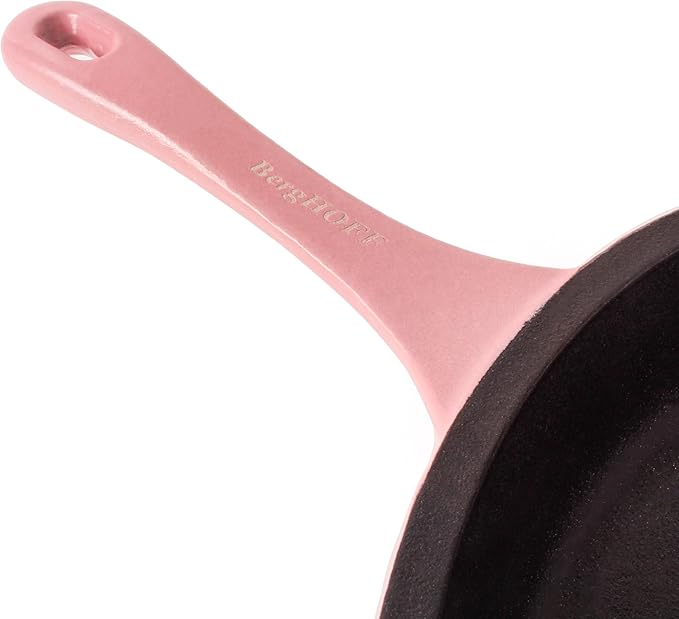 BergHOFF Neo 4Pc Enameled Cast Iron Cookware Set, Grill Pan 11 inches, Fry Pan 10 inches, 3qt. Dutch Oven, Matching Lid, Fast, Evenly Heat, Oven Safe (Pink)
