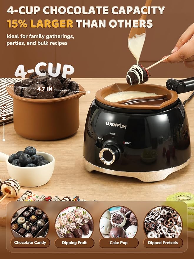 Electric Chocolate Melting Pot with 2 Insert Pots, 4-Cup Chocolate | Even Heating, Fast Melting, BPA-Free Silicone, Easy Clean, Less Waste, Ideal for Chocolate, Candy Melts, Parties, Fondue