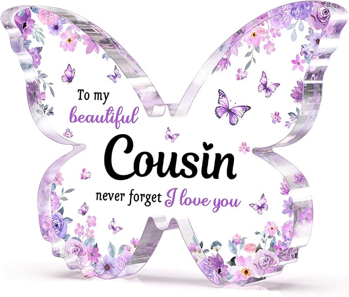 Cousin Gifts for Women, Unique Purple Butterfly Acrylic Plaque Desk Decor, Mothers Day Christmas Birthday Gift for Cousin female - 5 x 3.8 x 0.5 inches