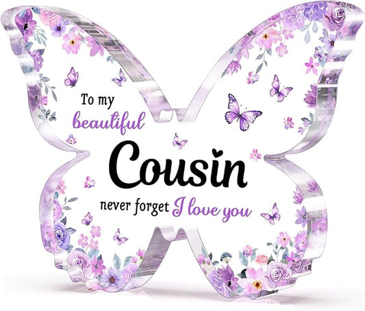 Cousin Gifts for Women, Unique Purple Butterfly Acrylic Plaque Desk Decor, Mothers Day Christmas Birthday Gift for Cousin female - 5 x 3.8 x 0.5 inches