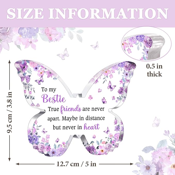 Best Friend Gift for Women, Unique Purple Butterfly Acrylic Plaque Desk Decor, Bestie Best Friend Birthday Gifts for Women Friendship for Bff Bestfriend, 5 x 3.8 x 0.5 inches