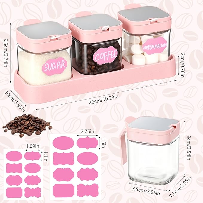Suclain 3 Pcs Glass Coffee Containers Coffee Station Organizer Set, Airtight Bean Storage Jars with Shelf,labels,spoon, Base and Pen,for Sugar, Candy, Oats, Nuts (Pink)