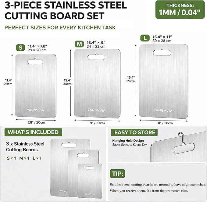 Cutting Board, 316L Food-Grade Stainless Steel Cutting Board Set of 3 | Double-Sided Chopping Board for Kitchen | Dishwasher Safe Work Surface for Meat, Vegetables, & Fruit | Ideal Gift (S+M+L)