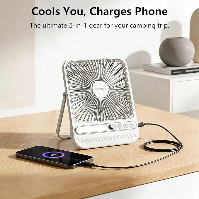 Deyagoo Travel Fan,7-Inch Portable Fan, Rechargeable Fan, 28H 10000mAh Ultra-Thin Quiet USB Desk Fan with Timer & LED Display for Bedroom, Office, Camping