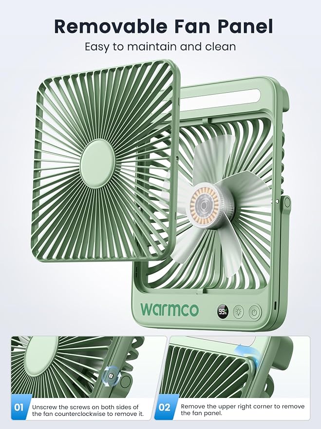 Warmco 20000mAh Battery Powered Fan, 8-Inch Ultra-Slim Portable Camping Fan with LED Lantern, Up to 48H Runtime Rechargeable Desk Fan for Bedroom, Outdoor, Tent, Travel, Cruise Ship Essentials