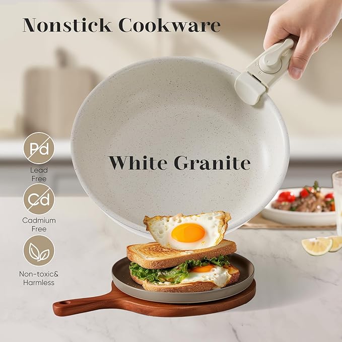 Sweetcrispy 12 pcs Pots and Pans Set, Nonstick Kitchen Induction Cookware Suit with Detachable Handle, Dishwasher Oven Safe, Beige