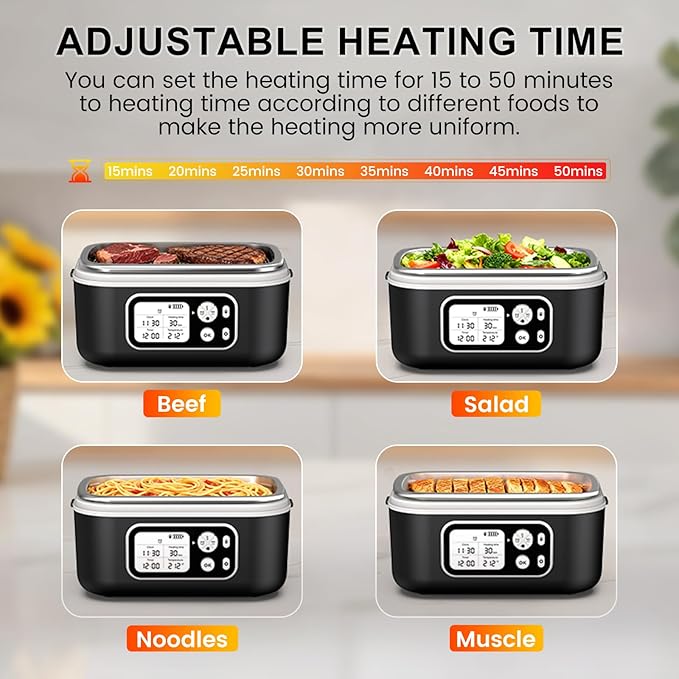 Cordless Electric Heated Lunch Box, XL 6.3Cups Rechargeable Food Warmer Lunch Box with Self Heating, Smart Timer, Adjustable Temperature, Leakproof, BPA Free, Removable Divider Black