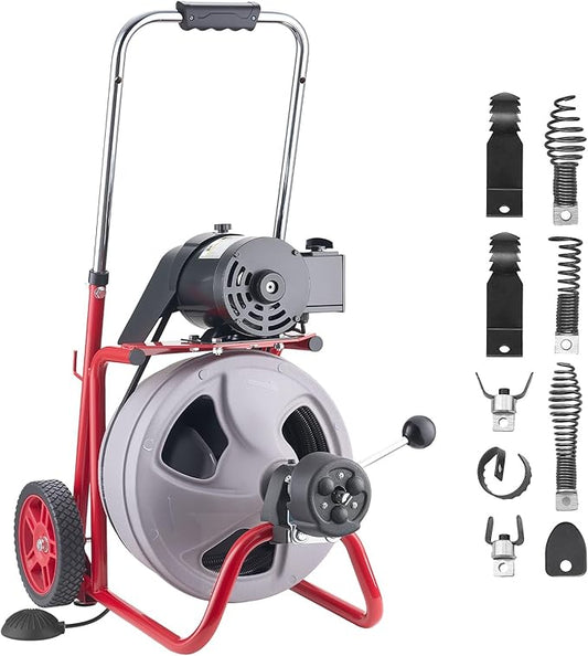 VEVOR Drain Cleaner Machine 100 FT x 3/8 Inch, Auto Feed Sewer Snake Drain Auger on Wheels, Portable Drain Cleaning Machine with 8 Cutters & Air-Activated Foot Switch for 2" to 4" Pipes