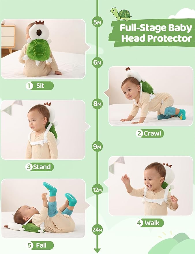 JunNeng Toddler Baby Head Protector Backpack for Toddler Walker with Knee Pads&Anti-Slip Socks, Turtle