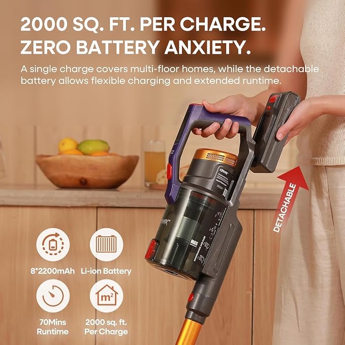 KIPMAX Cordless Vacuum Cleaner 50KPa 550W Powerful with Aromatherapy | 70Mins Anti-Tangled Vacuum Cleaner for Pet Hair/Carpet/Floor, Self-Standing Vacuum with Rechargeable Battery, LED Display