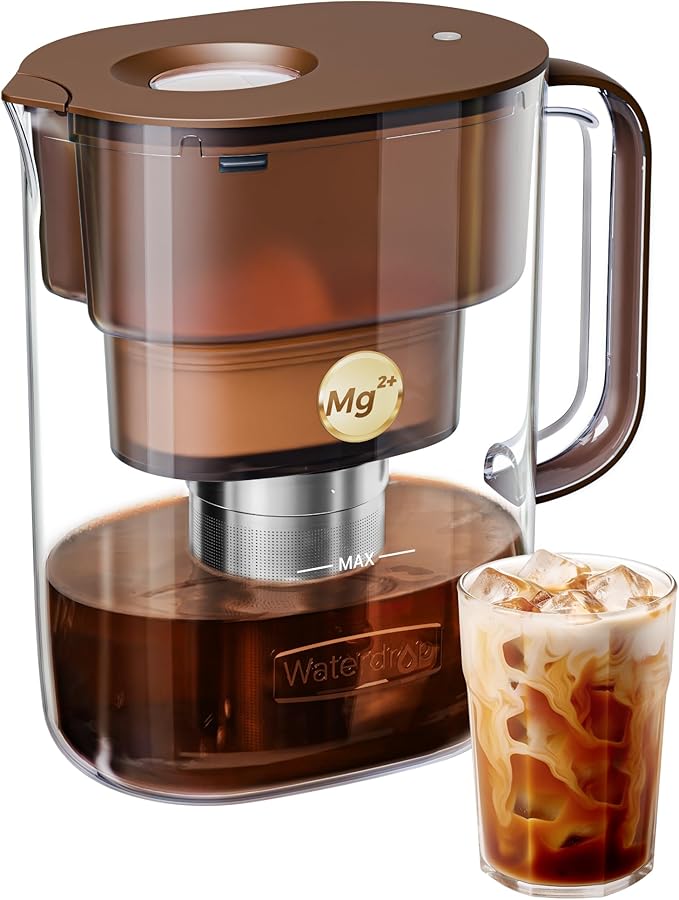 Waterdrop PT-10 Cold Brew Coffee Maker with 1 Magnesium Water Filter for Well-Balanced Acidity, Unlocks Aroma, BPA-Free Cold Brew Pitcher, Stainless Steel Filter for Iced Coffee, Tea, Lemonade, Brown