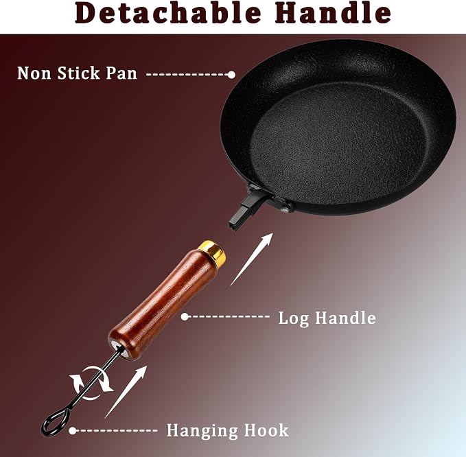 Nonstick Frying Pan with Lids Set, 10”/11”/12.5” Lightweight Iron Skillets | with Detachable Wooden Handles, Pre Seasoned wok with Tempered Glass Lids