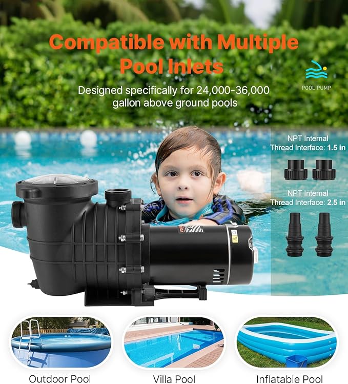 VEVOR Above Ground Pool Pump, 2 HP Single-Speed Operation Pump with 110 GPM Max Flow, 3450 RPM, 110V/240V, 59 ft Max Head, Equipped with a Filter Basket, for Above Ground Pools, Spas, and Hot Tubs