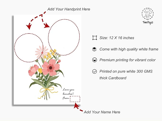 TwoDays Flower Bouquet Handprint Art Craft DIY Kit, Unique Gifts for Mom from Daughter or Son for Mother's Day Birthday Christmas, Gift for Grandma. (Floral-1, White)