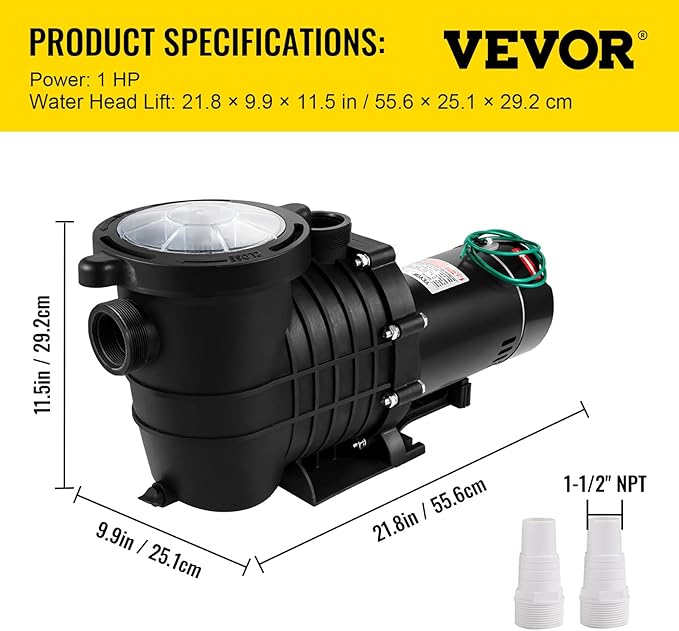 VEVOR 1HP Swimming Pool Pump, Dual Voltage 110V/220V, Circulates 5544GPH for Efficient Water Movement Above Pools, Includes Strainer Basket & Two 1-1/2'' NPT Connectors