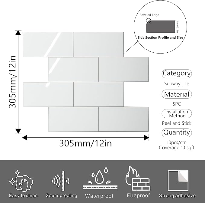 COLAMO Luxury 10 Sheet Peel and Stick Backsplash,12”x12”Pure White Subway Tile for Kitchen Wall,Self Adhesive Glossy Faux Marble Tile,Stick on Accent Wall Backsplash Tile for Living Room, Bedroom,RV