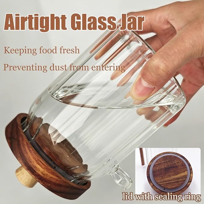 Coriario 13 OZ Glass Jar with Lid and Spoon Airtight Glass Candy Jars Wide Mouth Ribbed Glass Coffee Storage Canister Wooden Handle Lids for Food Sugar Cookie Tea Decorative