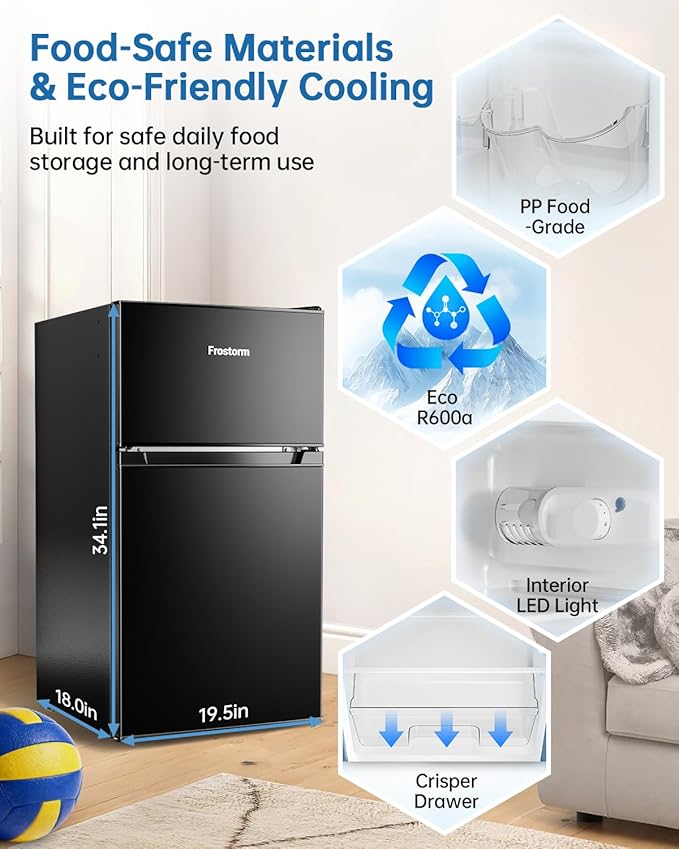 3.2 Cu Ft Mini Fridge with Freezer - Energy Efficient, Double Door Upright Freezer for Bedroom, Office & Dorm,restaurants | Small Fridge, Glass Shelves,Interior Light,ETL Certified,etc