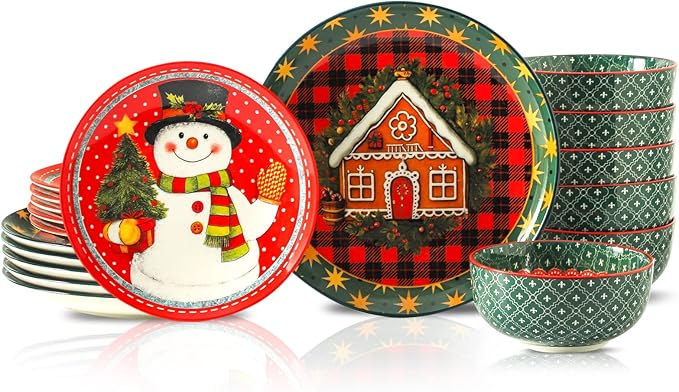 HASENSE 18 Pieces Dinnerware Sets for 6, Christmas Plates and Bowls Set for Valentie's Day, Ceramic Chip Resistant Tableware Dishes Set, Scratch Resistant Microwave and Dishwasher Safe, Multicolor