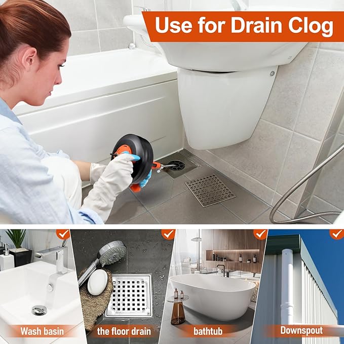 35ft Drain Snake Auger, Plumbing Snake With Drill Adapter, Heavy Duty Flexible Sink Steel Plumbing Auger Bathroom Hair Clog Removal Tool, Manual Or Powered - No auto retract or feed