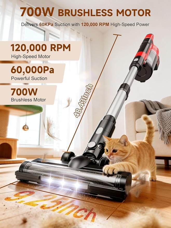 Cordless Vacuum Cleaner for Home, Pet Hair, 60KPa, Lightweight | 700W brushless motor, up to 70-min runtime, dual 8000mAh batteries, 2L dust cup, LED display, for carpet & hardwood floors