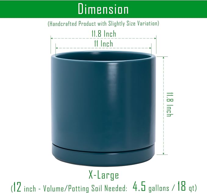 D'vine Dev 12 Inch Ceramic Planter Pot, Teal, 94-O-F-9 | Modern Cylinder Design, Drainage Hole & Saucer Included, Stable Structure, Elegant Home Accent