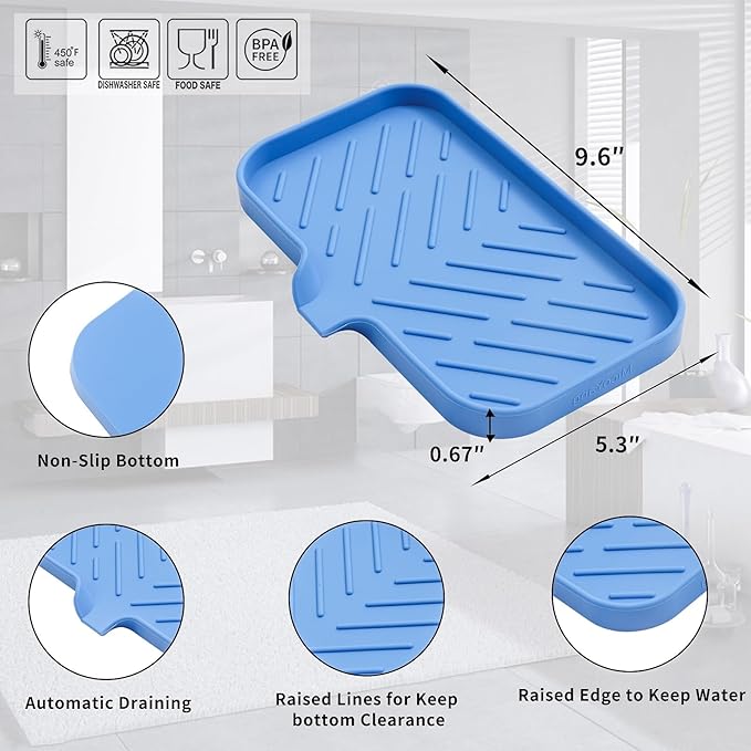 MicoYang Silicone Soap Dish with Drain Spout — Self-Draining Sink Organizer Tray for Bathroom & Kitchen, Sponges, Dispensers & Soap Holder, Non-Slip & Dishwasher Safe, Lichen Blue (Medium, 9.6"×5.3")