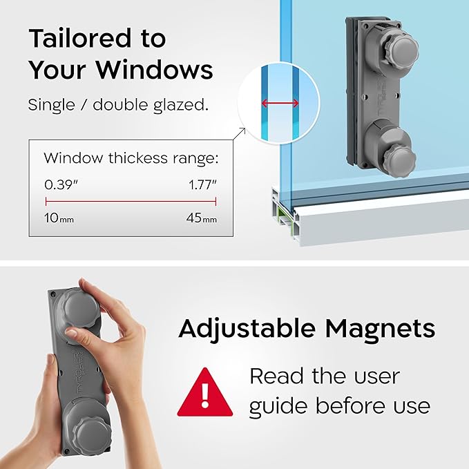 Tyroler Magnetic Window Cleaner Tool | The Silicone Glider R-4 AFC Fits Windows 0.4"-1.8" Thick | Double Sided Outside Window Cleaner Tool | Adjustable Control