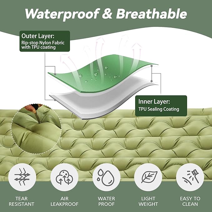 Double Sleeping Pad for Camping - 5" Ultra-Thick Camping Mattress with Pillow, Built-in Foot Pump, Compact 2-Person Portable Camping Mat for Backpacking, Hiking, Car Traveling, Beach, Tent