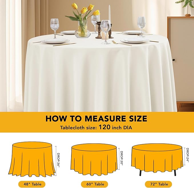 6-Pack Ivory Round Tablecloths, 120 Inches, Stain-Resistant Polyester for 5-6 Ft Round Tables - Washable Table Covers for Weddings, Banquets, Birthday Parties, Events