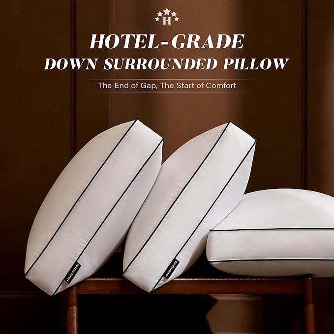 Goose Feather Down Pillows Queen Size Set of 2, Down Surrounded Hotel Collection Bed Pillow for Sleeping with Gusset, 2 Pack, Fluffy Plush for Side, Back Sleepers 20x30 in.