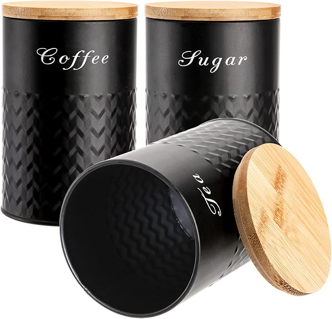 Bekith 3 Pack Kitchen Canisters with Bamboo Lids, Airtight Metal Canister Set, Food Storage Containers Jars for Coffee, Sugar, Tea, Flour, Rustic Kitchen Decor Containers, Black