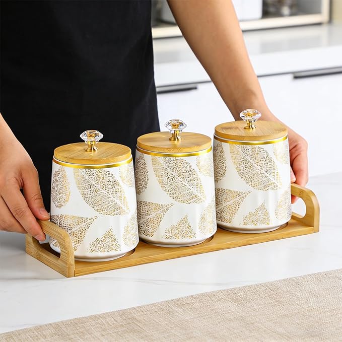 Ceramic Storage Canister for Coffee Sugar Tea Set of 3, Kitchen Pantry Container with Bamboo Lids and Tray, Airtight Food Storage Jars Kitchen Counter Storage Containers for Dining Table