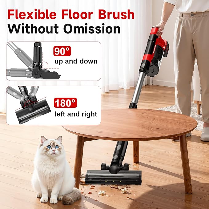 700W Cordless Vacuum Cleaner, 2×4000mAh Brushless Vacuum Cleaners for Home, 6 in 1 Lightweight Stick Vacuum 60kPa, 3 Suction, Portable Handheld Cordless Vacuum for Pet Hair/Hardwood Floor/Dorm Red