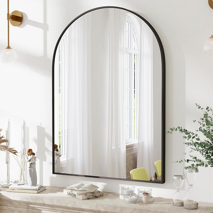 SCWF-GZ 36x24 Arch Mirror Rectangle Full Length Wall Mounted Hanging or Against Wall Metal Aluminium Alloy Frame Dressing Make-up Mirrors for Entryway Bedroom Bathroom Living Room 36 24 inch Black