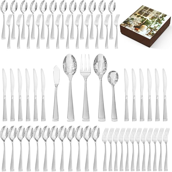 KINGSTONE Silverware Set, 65-Piece Flatware Set for 12, 18/10 Stainless Steel Cutlery Set with Bead Edge, Utensil for Kitchen, Home, Party, Wedding, Matte Silver, Dishwasher Safe, Featured Gifts