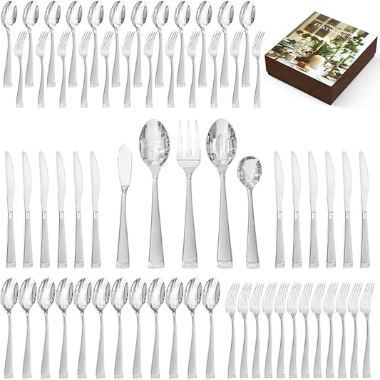 KINGSTONE Silverware Set, 65-Piece Flatware Set for 12, 18/10 Stainless Steel Cutlery Set with Bead Edge, Utensil for Kitchen, Home, Party, Wedding, Matte Silver, Dishwasher Safe, Featured Gifts