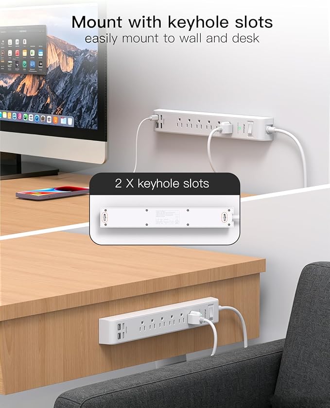 2 Pack Power Strip, Extension Cord 15FT, Surge Protector with 6 Outlets and 4 USB Ports (2 USB C), Flat Plug Overload Protection, Extension Cord with Multiple Outlets, Wall Mount for Home Dorm College